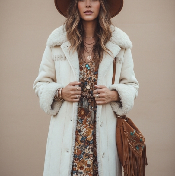 Vintage Jackets & Blazers - Vtg Cream Penny Lane 70s Faux Fur And Suede Size M Bohochic Penny Lane
